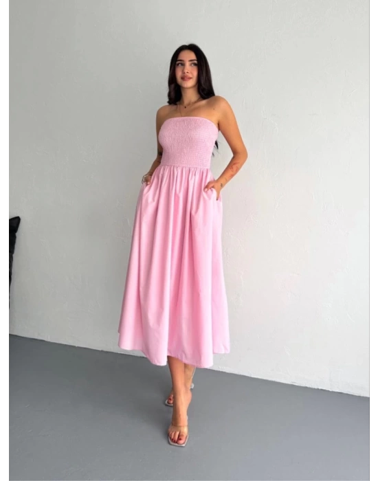 Straplez Pileli Elbise - Pembe