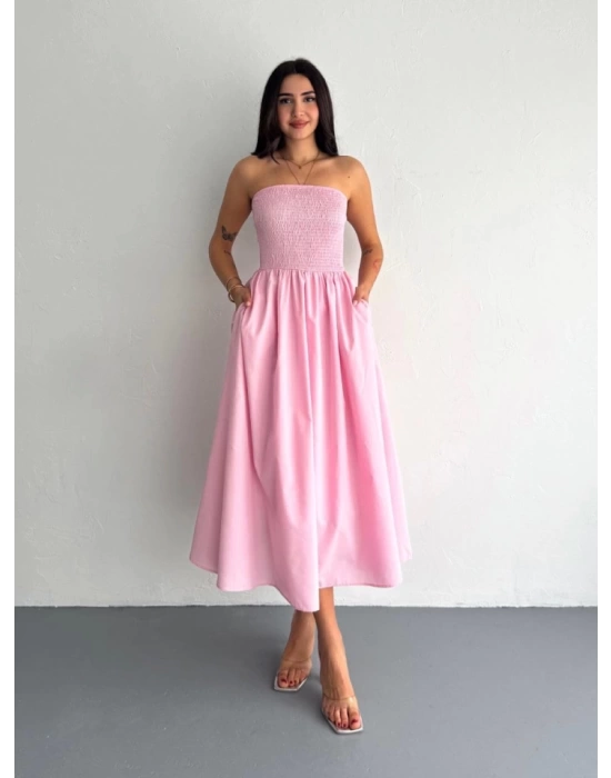 Straplez Pileli Elbise - Pembe