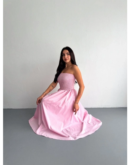 Straplez Pileli Elbise - Pembe