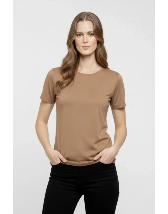 T-Shirt Bisiklet Yaka Slim Fit Likralı Tişört Günlük Basic Body - Kahverengi