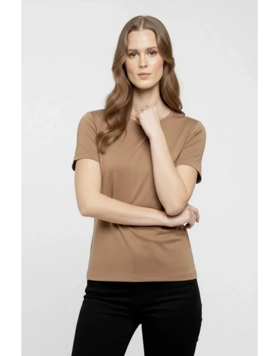 T-Shirt Bisiklet Yaka Slim Fit Likralı Tişört Günlük Basic Body - Kahverengi