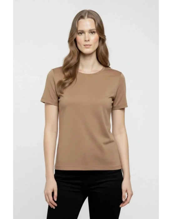 T-Shirt Bisiklet Yaka Slim Fit Likralı Tişört Günlük Basic Body - Kahverengi