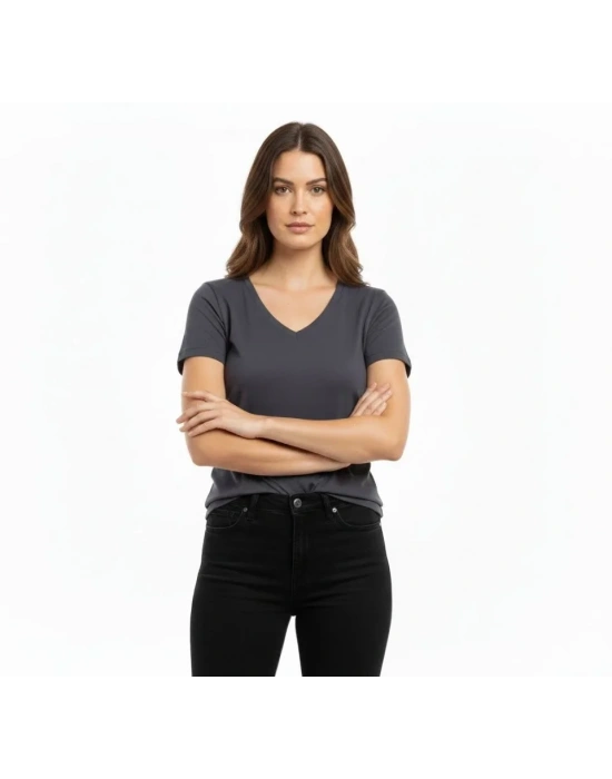 T-Shirt V Yaka Slim Fit Likralı Tişört Günlük Basic Body - Füme