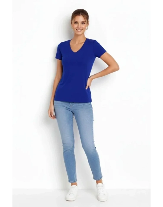 T-Shirt V Yaka Slim Fit Likralı Tişört Günlük Basic Body - İndigo