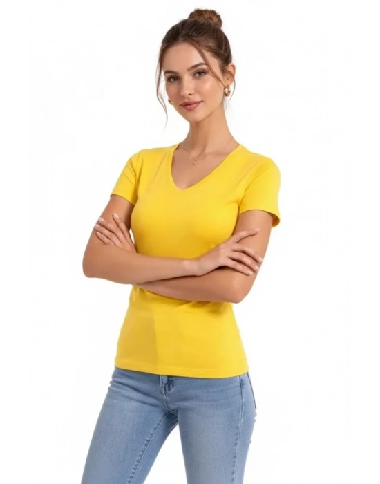 T-Shirt V Yaka Slim Fit Likralı Tişört Günlük Basic Body - Sarı