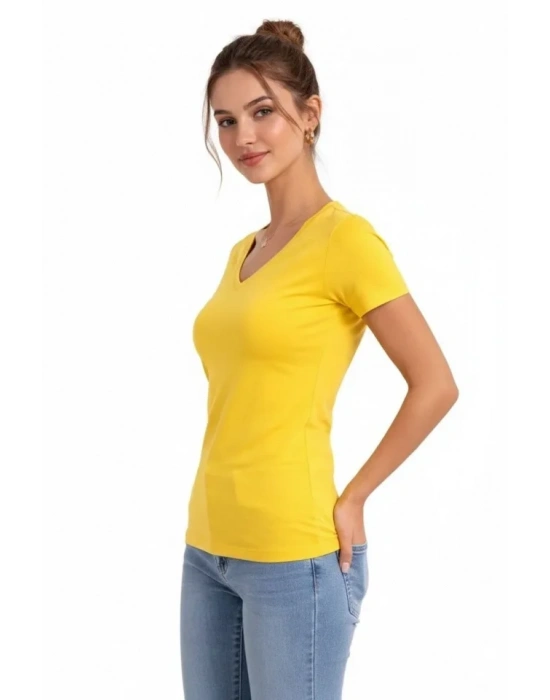 T-Shirt V Yaka Slim Fit Likralı Tişört Günlük Basic Body - Sarı