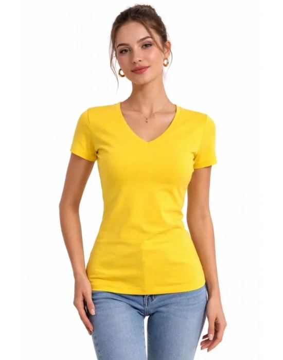 T-Shirt V Yaka Slim Fit Likralı Tişört Günlük Basic Body - Sarı