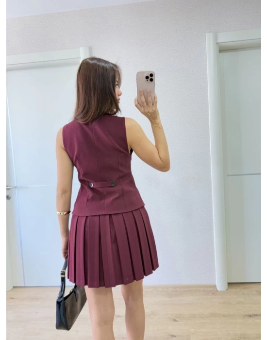 Takım Görünümlu Yelekli Mini Elbise- Bordo
