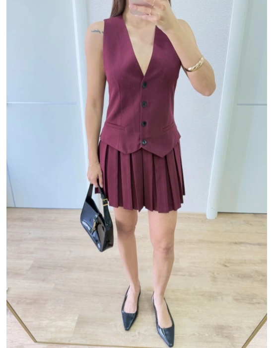 Takım Görünümlu Yelekli Mini Elbise- Bordo