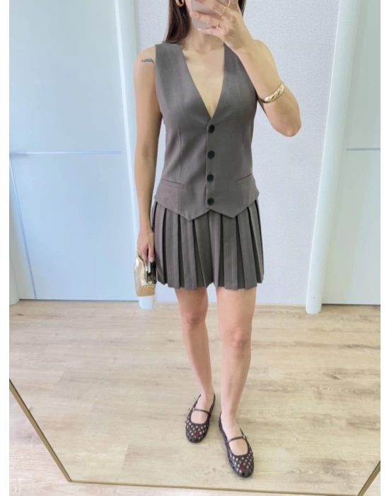 Takım Görünümlu Yelekli Mini Elbise- Füme