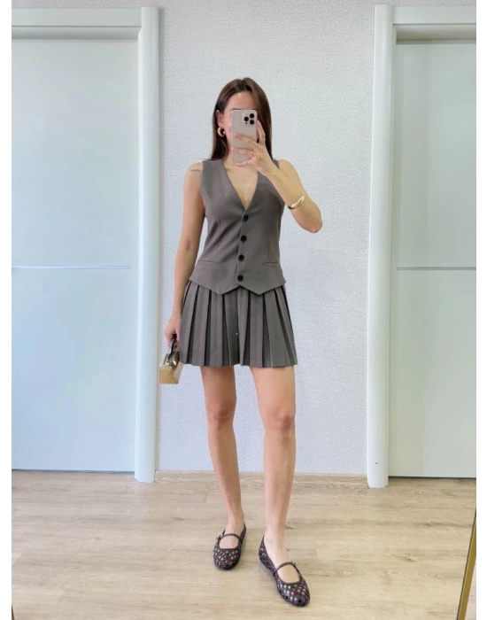 Takım Görünümlu Yelekli Mini Elbise- Füme