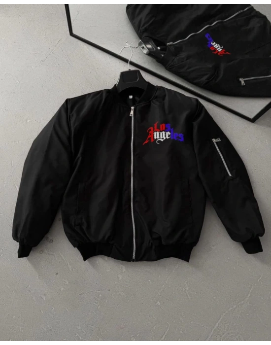 Tam Fermuarlı Uzun Kol Baskılı Bomber Ceket - Siyah