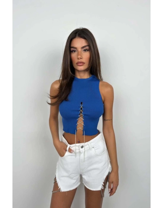 Taş Detay Dekolteli Crop Bluz
