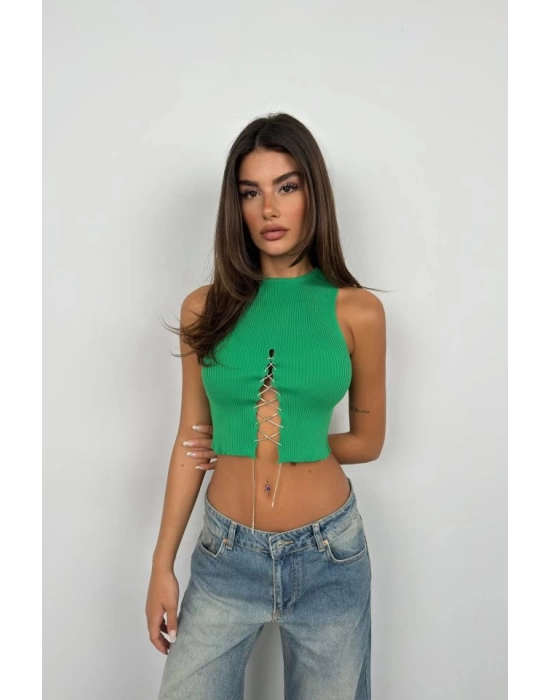 Taş Detay Dekolteli Crop Bluz