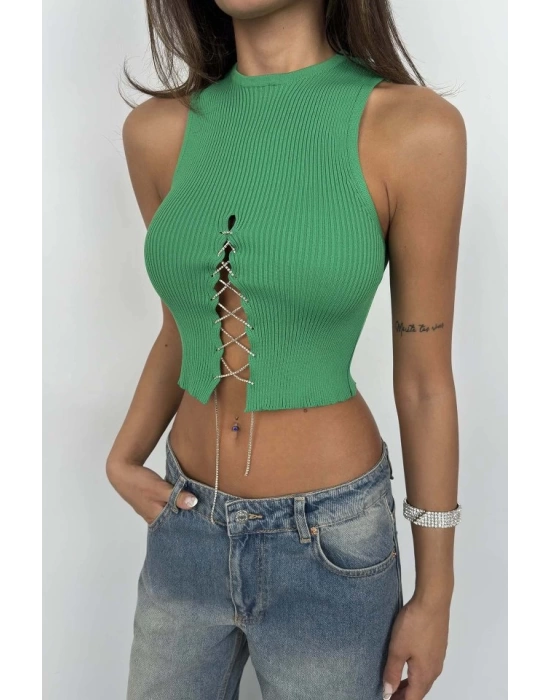 Taş Detay Dekolteli Crop Bluz