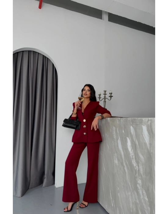 TASARIM CEKET-PANTOLON TAKIM METAL DÜĞME DETAYLI - Bordo