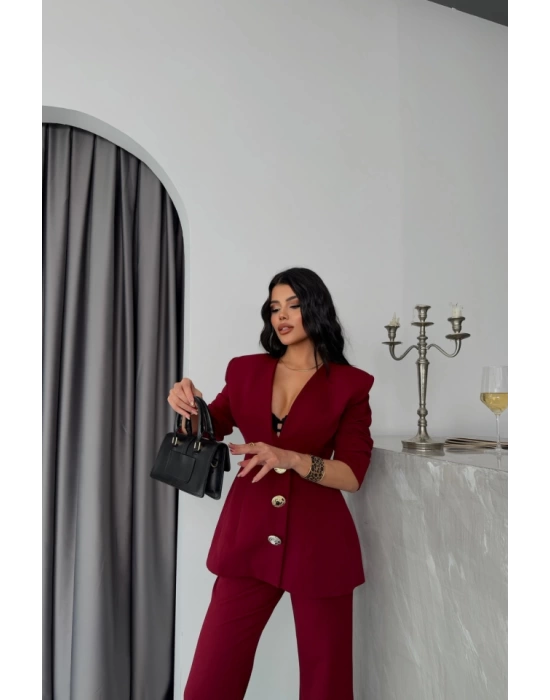 TASARIM CEKET-PANTOLON TAKIM METAL DÜĞME DETAYLI - Bordo