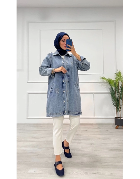 Taşlı tunik ceket kar yıkamalı mavi d2516