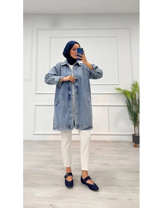 Taşlı tunik ceket kar yıkamalı mavi d2516