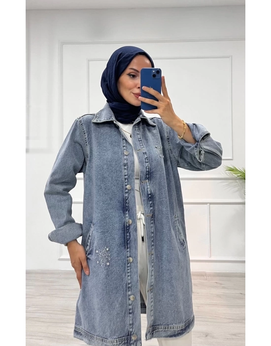 Taşlı tunik ceket kar yıkamalı mavi d2516