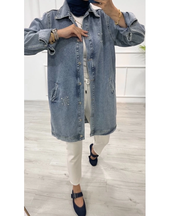 Taşlı tunik ceket kar yıkamalı mavi d2516