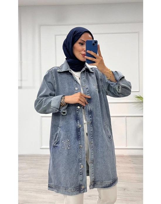 Taşlı tunik ceket kar yıkamalı mavi d2516