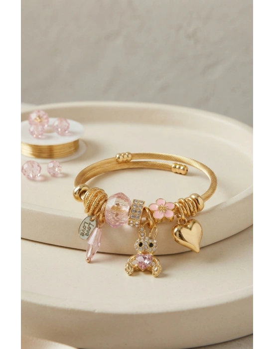 Tavşan Model Gold Renk Pembe Charmlı Bileklik