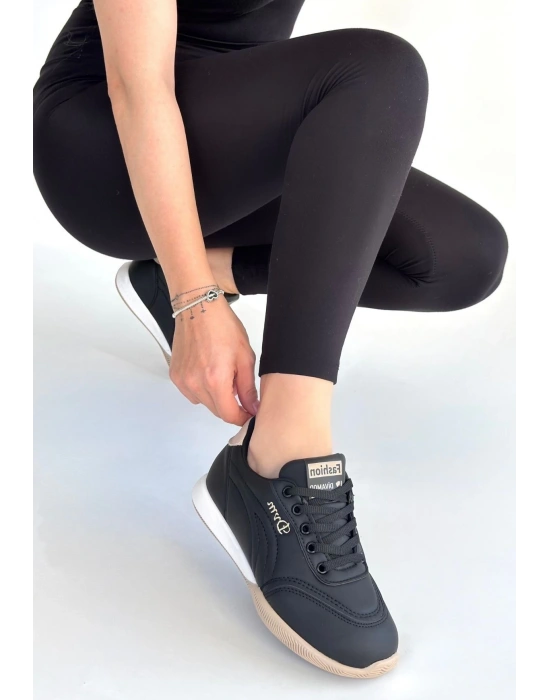 Tawen Siyah Cilt Bej Tabanlı Bağcıklı Spor Ayakkabı