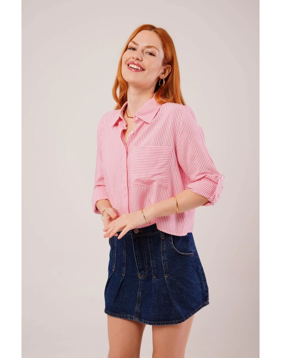 Tek Cep Çizgili Pembe Kısa Gömlek