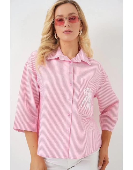 Tek Cep Nakışlı Gömlek 20328 - Pembe