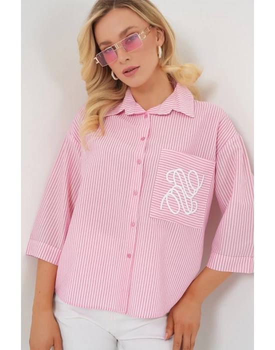 Tek Cep Nakışlı Gömlek 20328 - Pembe