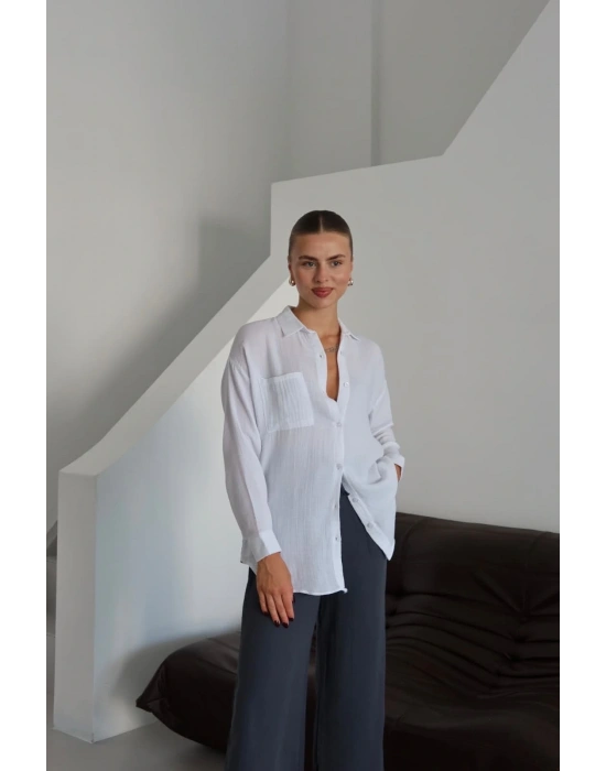 Tek cepli müslin gömlek beyaz pt