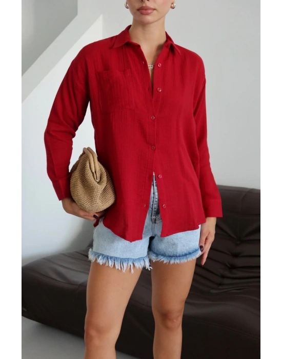 Tek cepli müslin gömlek bordo pt