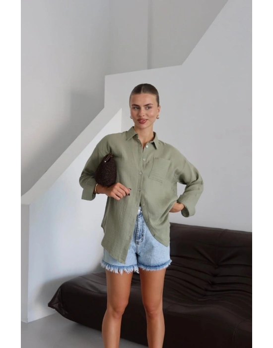 Tek cepli müslin gömlek haki pt