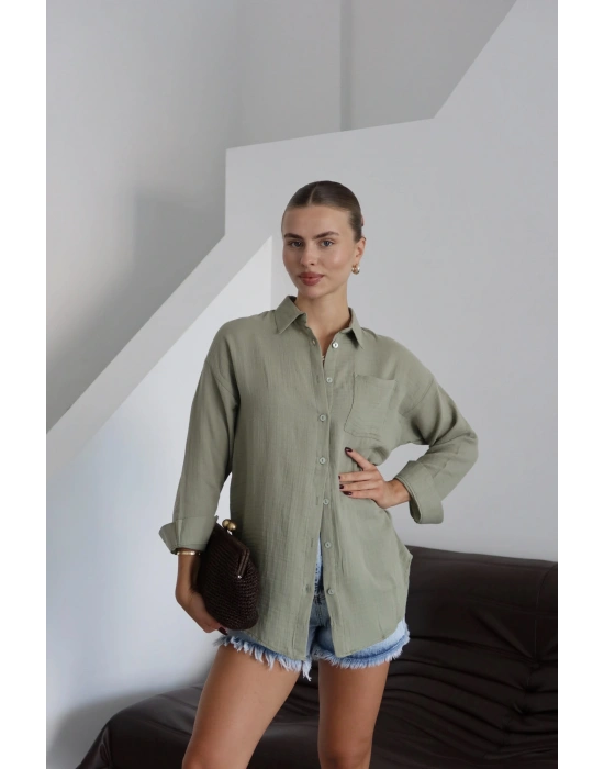 Tek cepli müslin gömlek haki pt