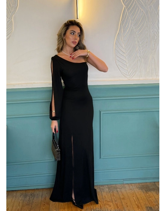 Tek Omuz Açık Derin Yırtmaçlı Krep Tam Boy Elbise