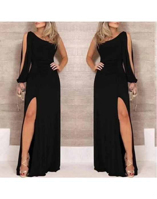 Tek Omuz Açık Derin Yırtmaçlı Krep Tam Boy Elbise