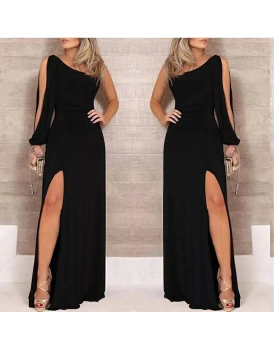 Tek Omuz Açık Derin Yırtmaçlı Krep Tam Boy Elbise