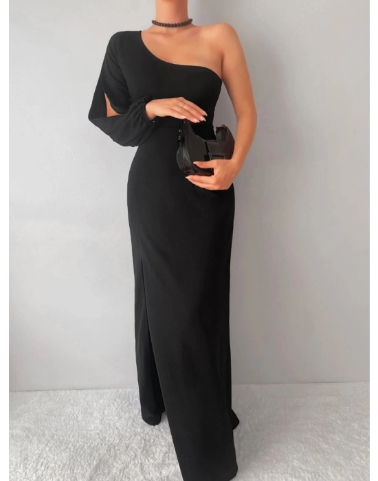 Tek Omuz Açık Derin Yırtmaçlı Krep Tam Boy Elbise