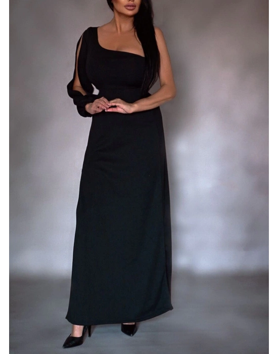 Tek Omuz Açık Derin Yırtmaçlı Krep Tam Boy Elbise