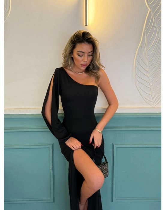 Tek Omuz Açık Derin Yırtmaçlı Krep Tam Boy Elbise