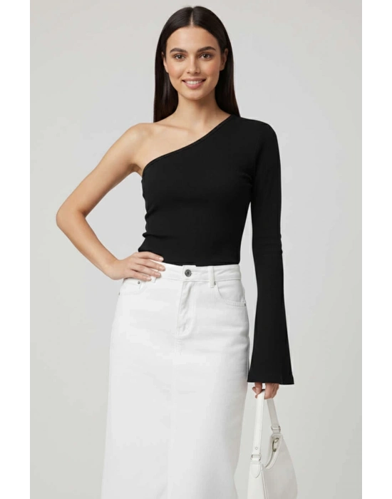 Tek Omuzlu Basic Bluz Siyah T4275