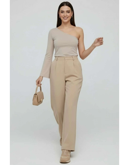 Tek Omuzlu Basic Bluz Vizon T4275