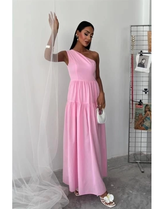 Tek Omuzlu Pile Detay Maxi Elbise 2895
