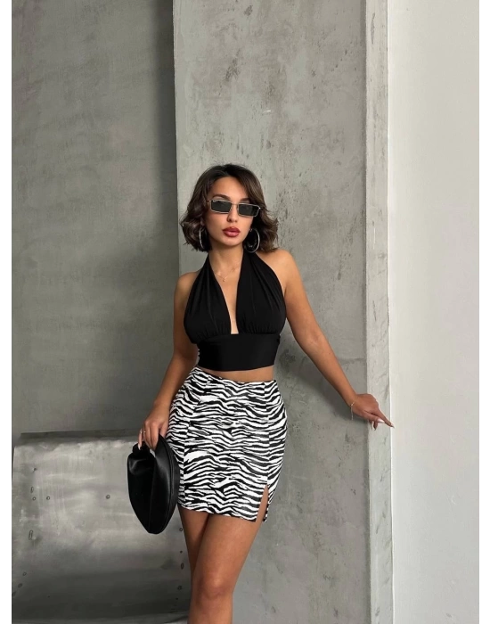Tek yırtmaçlı zebra desenli deri etek beyazsiyah w24475-S
