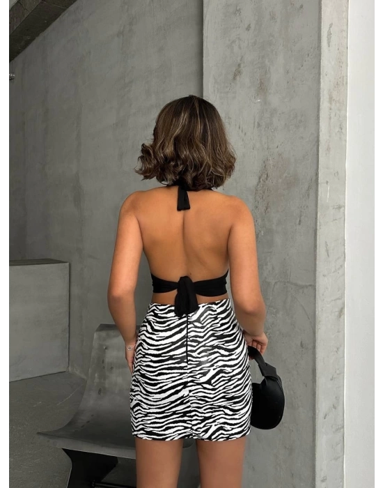 Tek yırtmaçlı zebra desenli deri etek beyazsiyah w24475-S