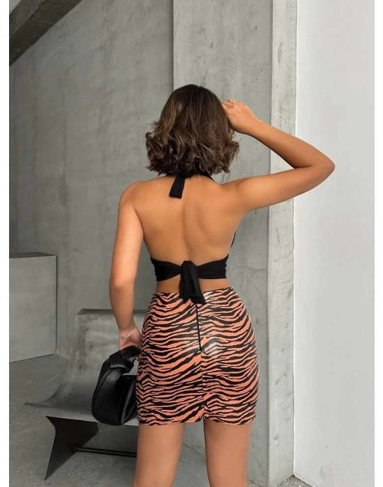 Tek yırtmaçlı zebra desenli deri etek kahvesiyah w24475-S