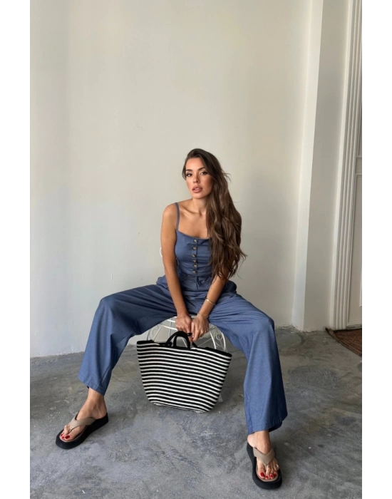 TENCEL CROP ASKILI BLUZ - ŞALVAR PANTOLON TK - İndigo