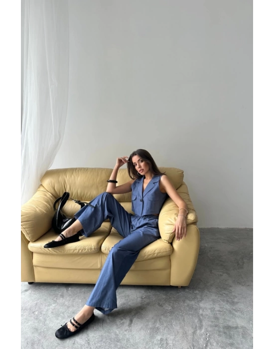 TENCEL CROP KOLSUZ GÖMLEK - PANTOLON TAKIM - İndigo