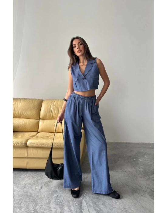 TENCEL CROP KOLSUZ GÖMLEK - PANTOLON TAKIM - İndigo